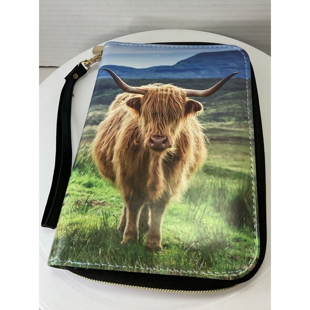Highland Cow PU Leather Zip Around Portfolio Padfolio Organizer Card Slots 8 X 4